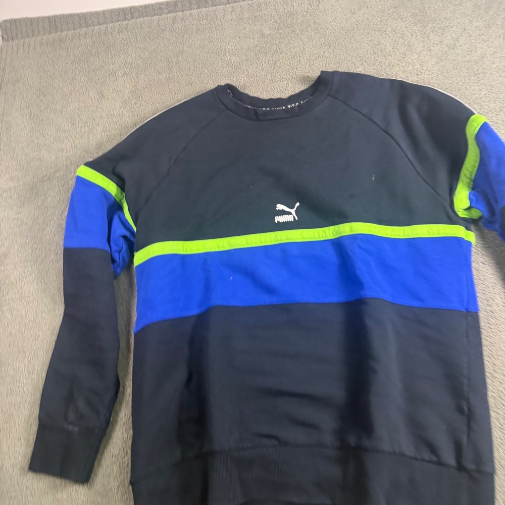 Puma XTG Mens Crewneck Sweatshirt Navy Blue Neon Green Colorblock Large